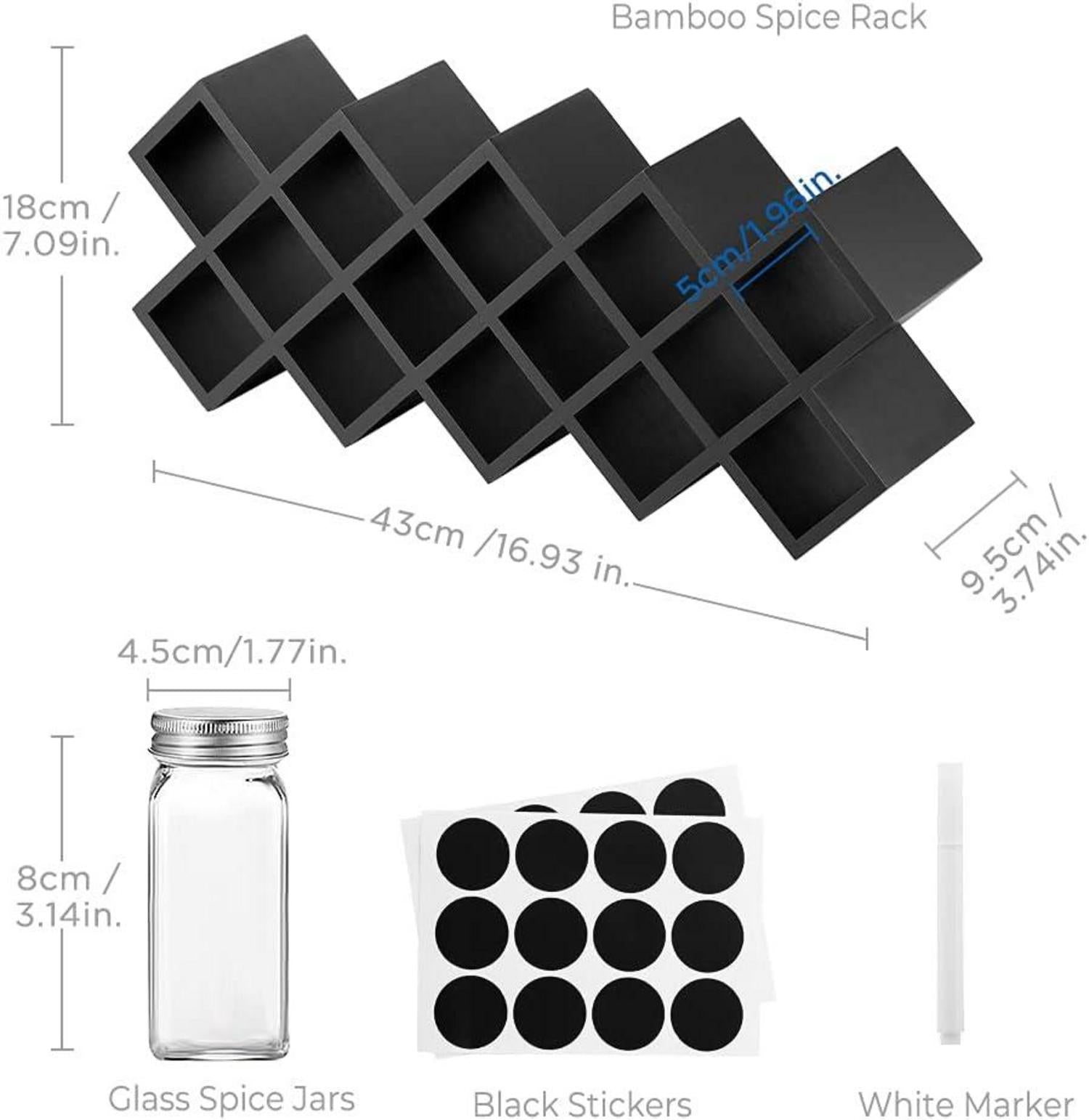 Gewürzregal Bambus 18 Gewürzgläser Labeln Aluminiumdeckel Schwarz