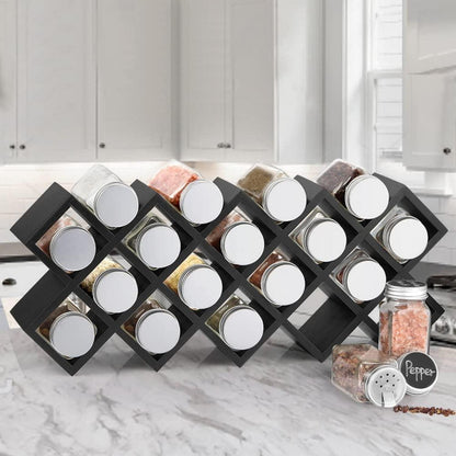 Gewürzregal Bambus 18 Gewürzgläser Labeln Aluminiumdeckel Schwarz