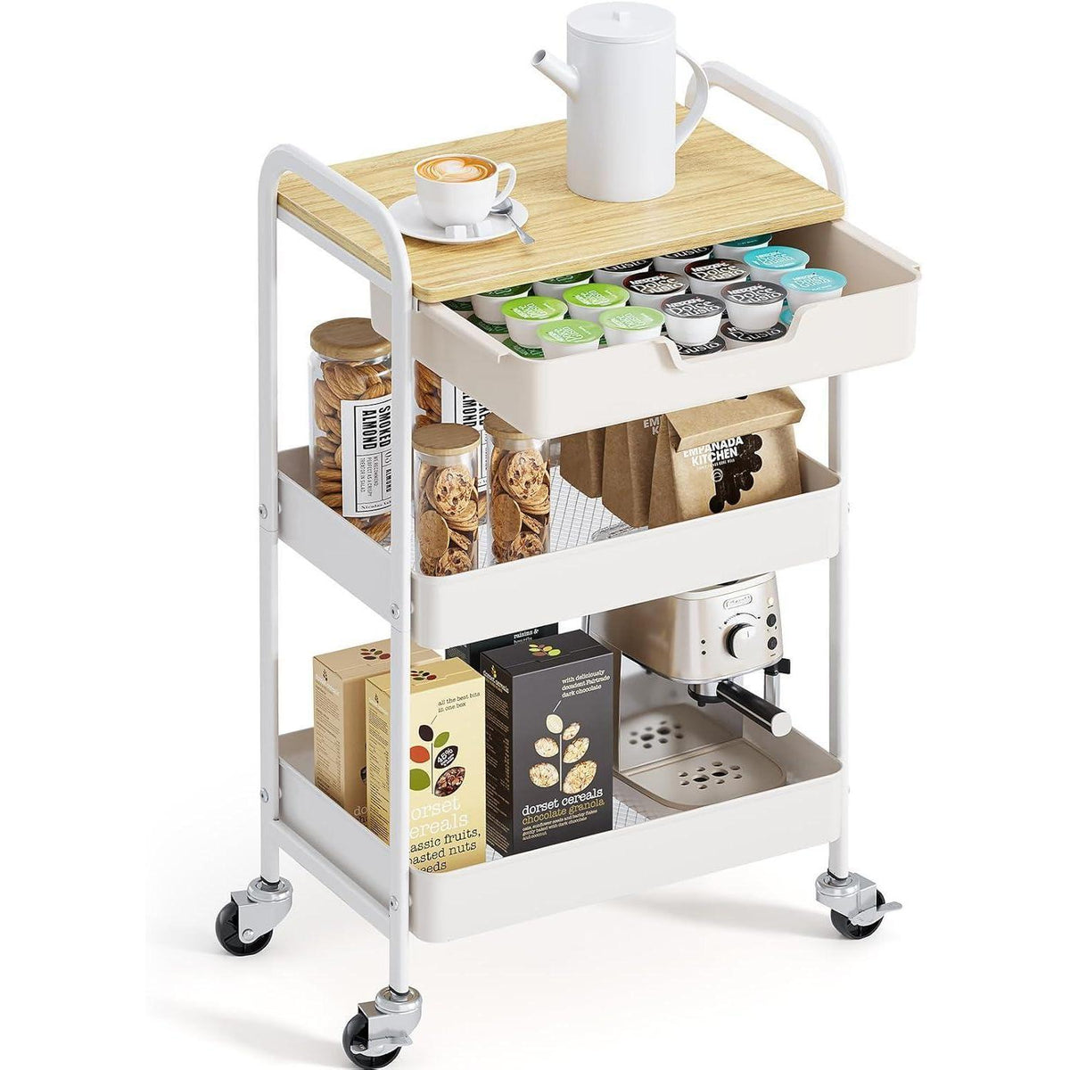 3-Ebenen Rollwagen mit Tischplatte – Creme