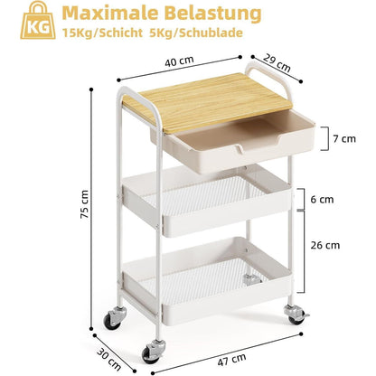 3-Ebenen Rollwagen mit Tischplatte – Creme