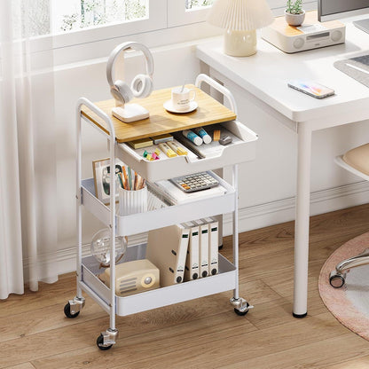 3-Ebenen Rollwagen mit Tischplatte – Creme
