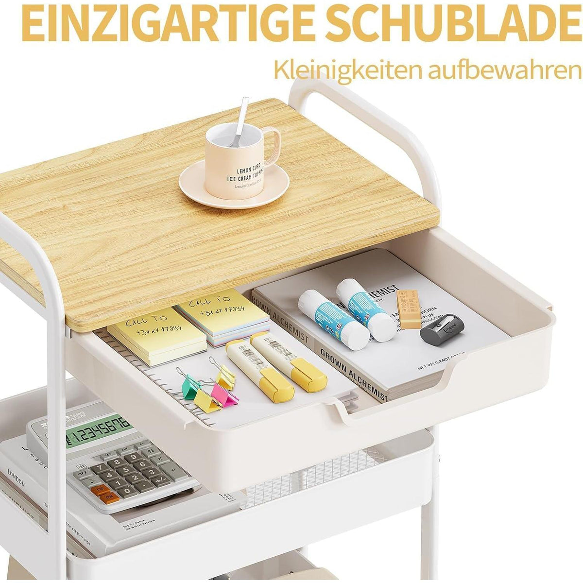 3-Ebenen Rollwagen mit Tischplatte – Creme