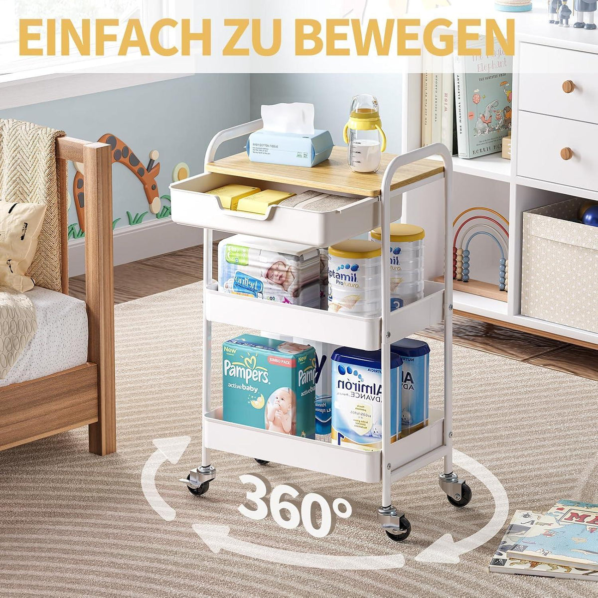 3-Ebenen Rollwagen mit Tischplatte – Creme