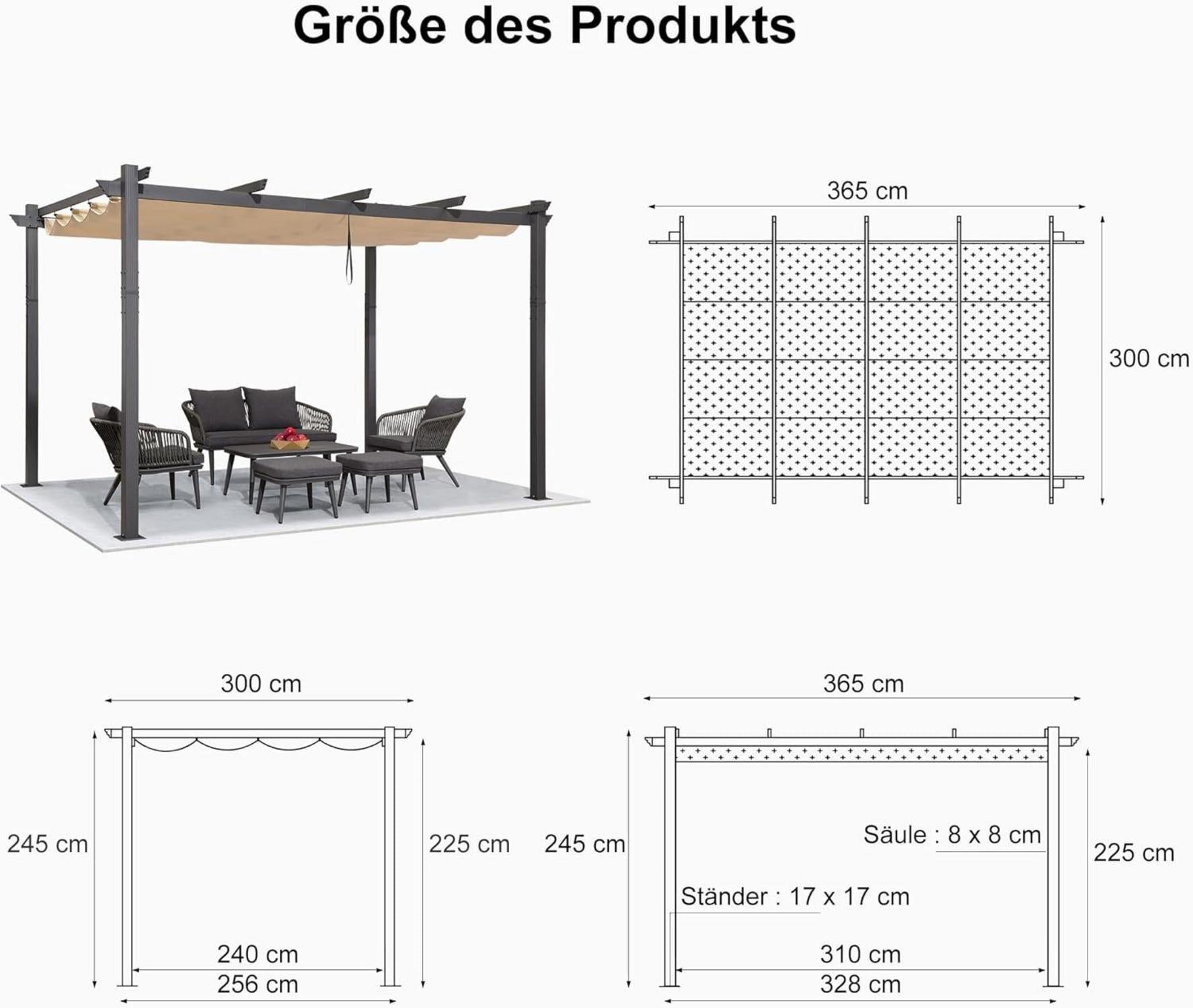 Aluminium Pergola 3x3.65m Wasserdicht Stabil Winterfest Beige