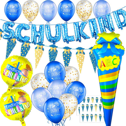 Einschulung Deko Set Junge ABC 123 Luftballon Girlande Zuckertüten