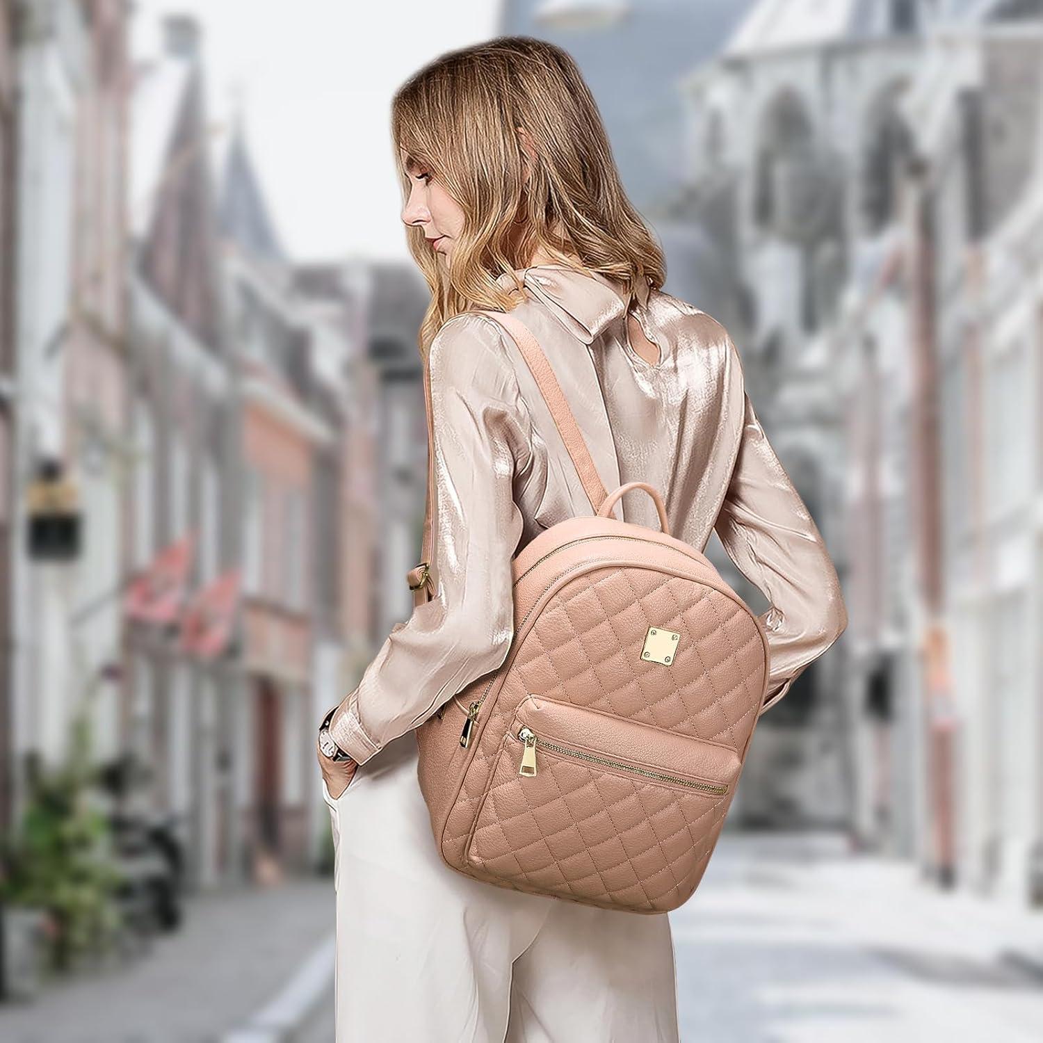 Damen Klein Rucksack Leder PU Lingge Design Schwarz/Rosa/Beige