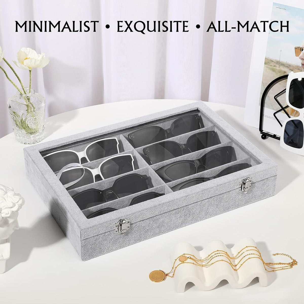 Brillen Organizer mit 8 Fächern, Samt, stapelbar, Grau