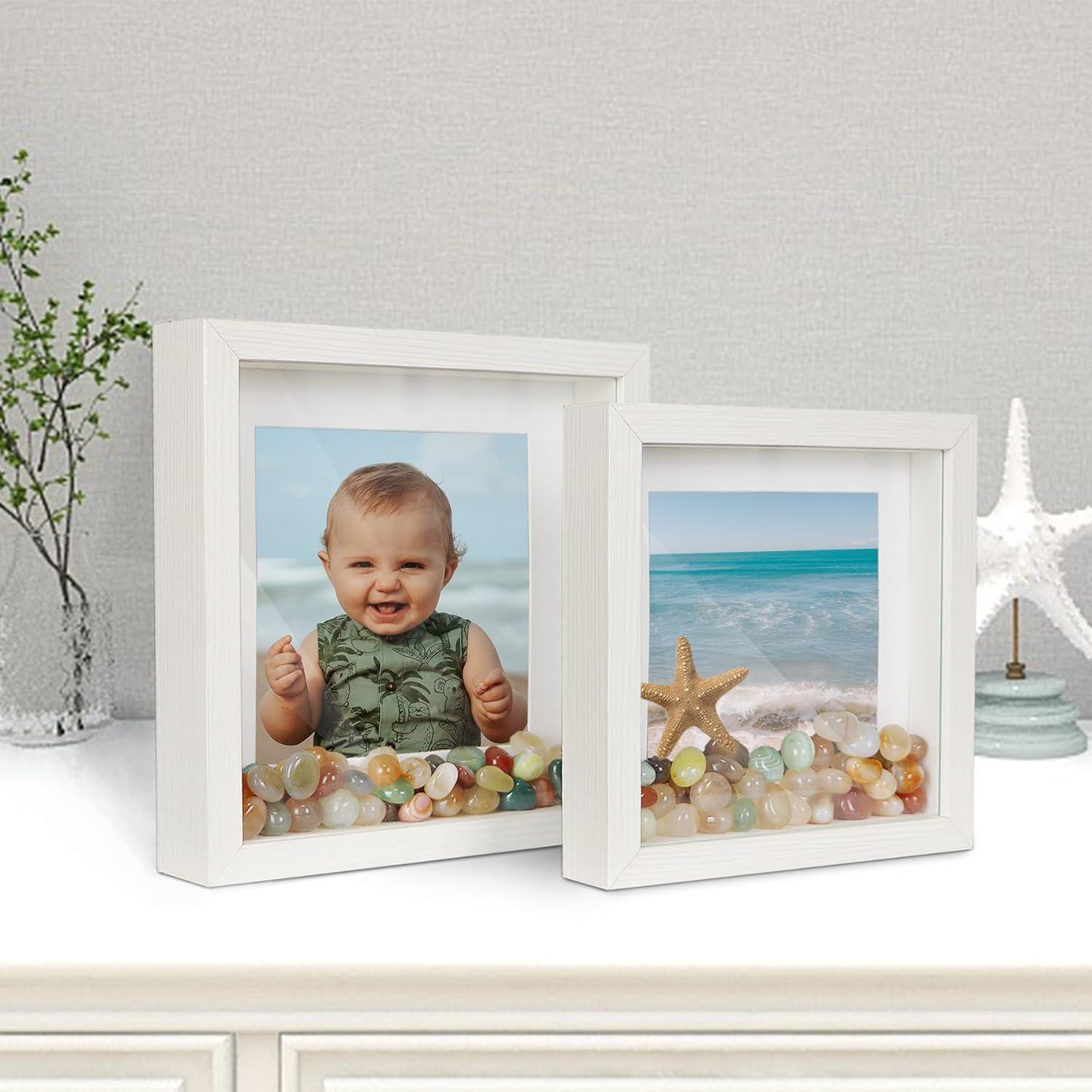 Shampsen 3D Bilderrahmen Weiß Holz Shadow Box 20x20 und 17x17 für Wand- und Tischdisplay, Geschenk 2er Set