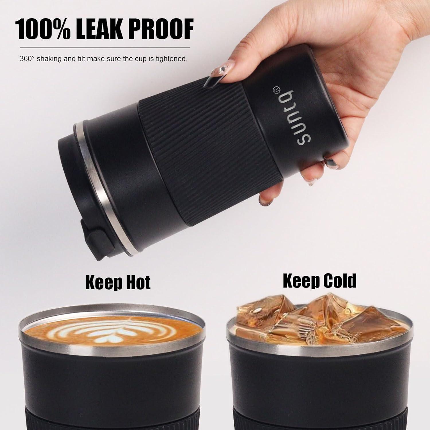 SUNTQ Kaffeebecher to go Thermo Edelstahl Doppelwand Isoliert Auslaufsicher 510ml Schwarz