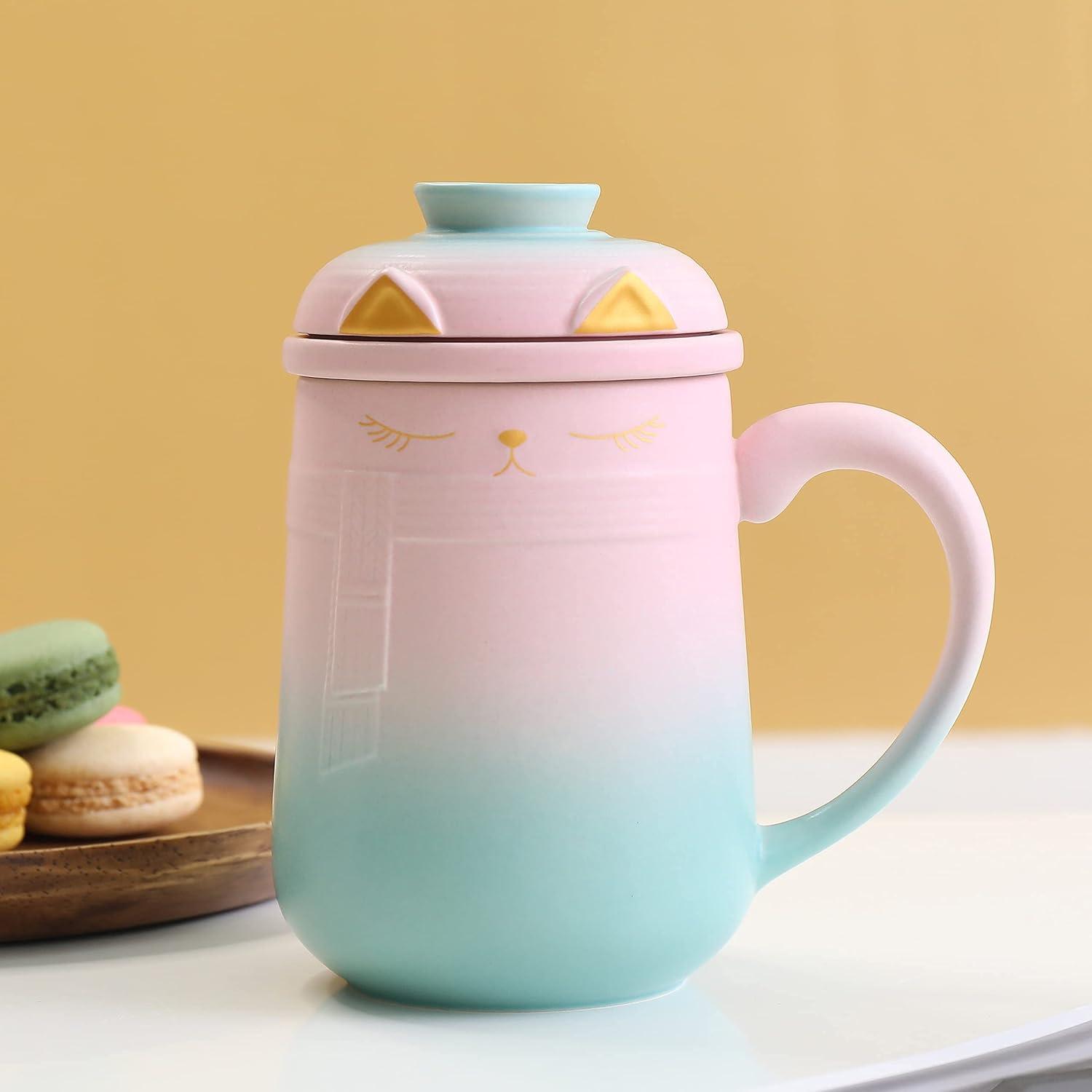 TEANAGOO Keramik Teetasse mit Sieb und Deckel, 460ml, Farbverlauf Rosa Grün
