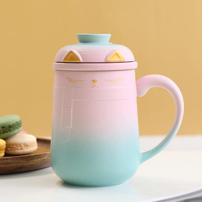 TEANAGOO Keramik Teetasse mit Sieb und Deckel, 460ml, Farbverlauf Rosa Grün