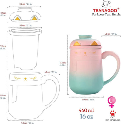 TEANAGOO Teetasse mit Deckel und Sieb 460ml Rosa Grün Keramikbecher