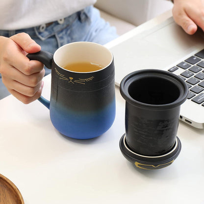 TEANAGOO Teetasse mit Sieb und Deckel 460ml Japanische Keramiktasse Katzenform Blau Schwarz