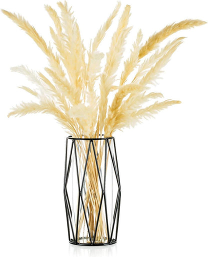 Moderne Glasblumenvase mit Metallständer, Kristallklar, Schwarz