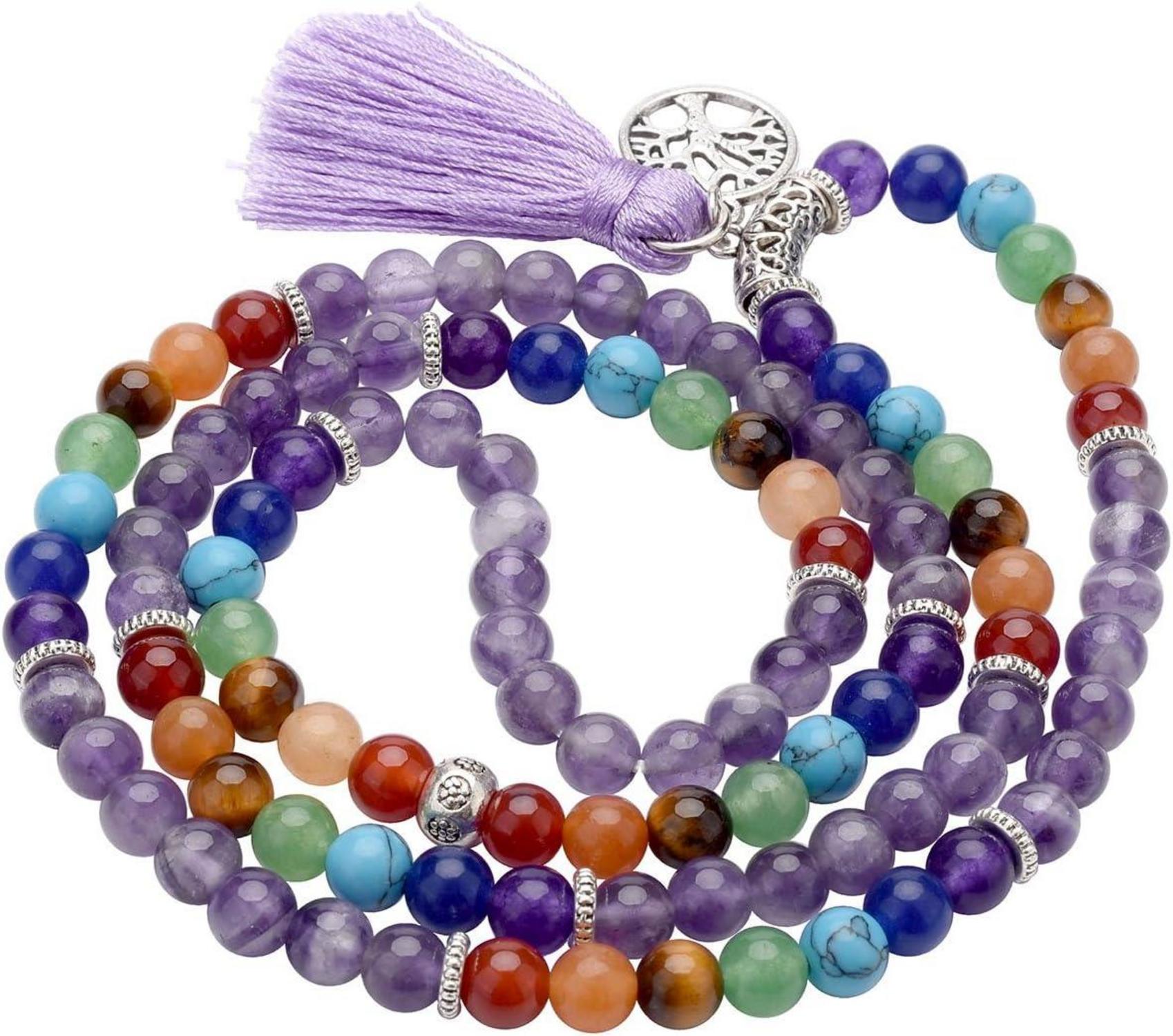 7 Chakra Edelstein Mala Kette mit Amethyst Anhänger