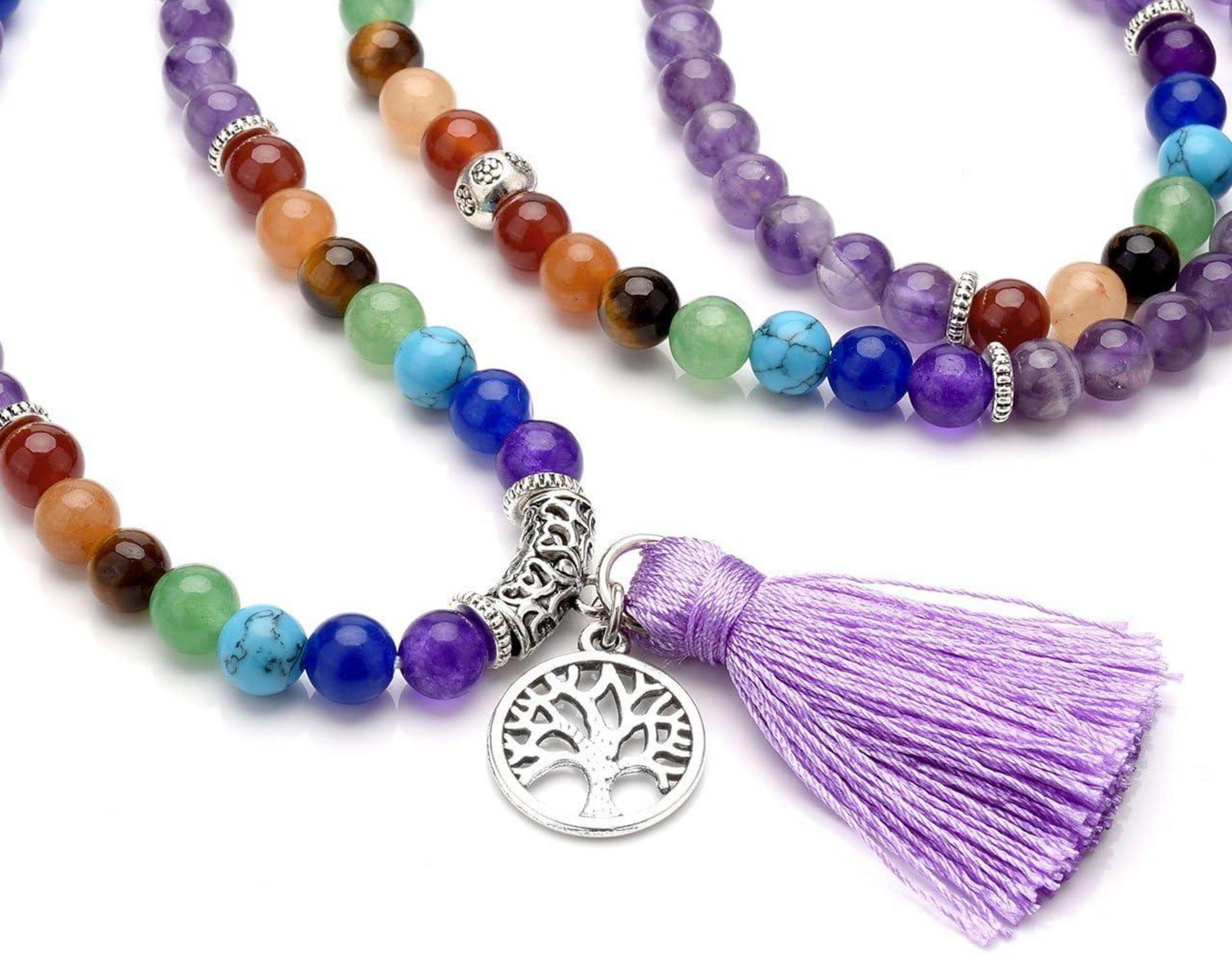GEHECRST Schmuck 108 Perlen Edelstein Mala Kette 7 Chakra Healing Yoga Halskette Amethyst