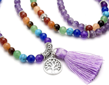 GEHECRST Schmuck 108 Perlen Edelstein Mala Kette 7 Chakra Healing Yoga Halskette Amethyst