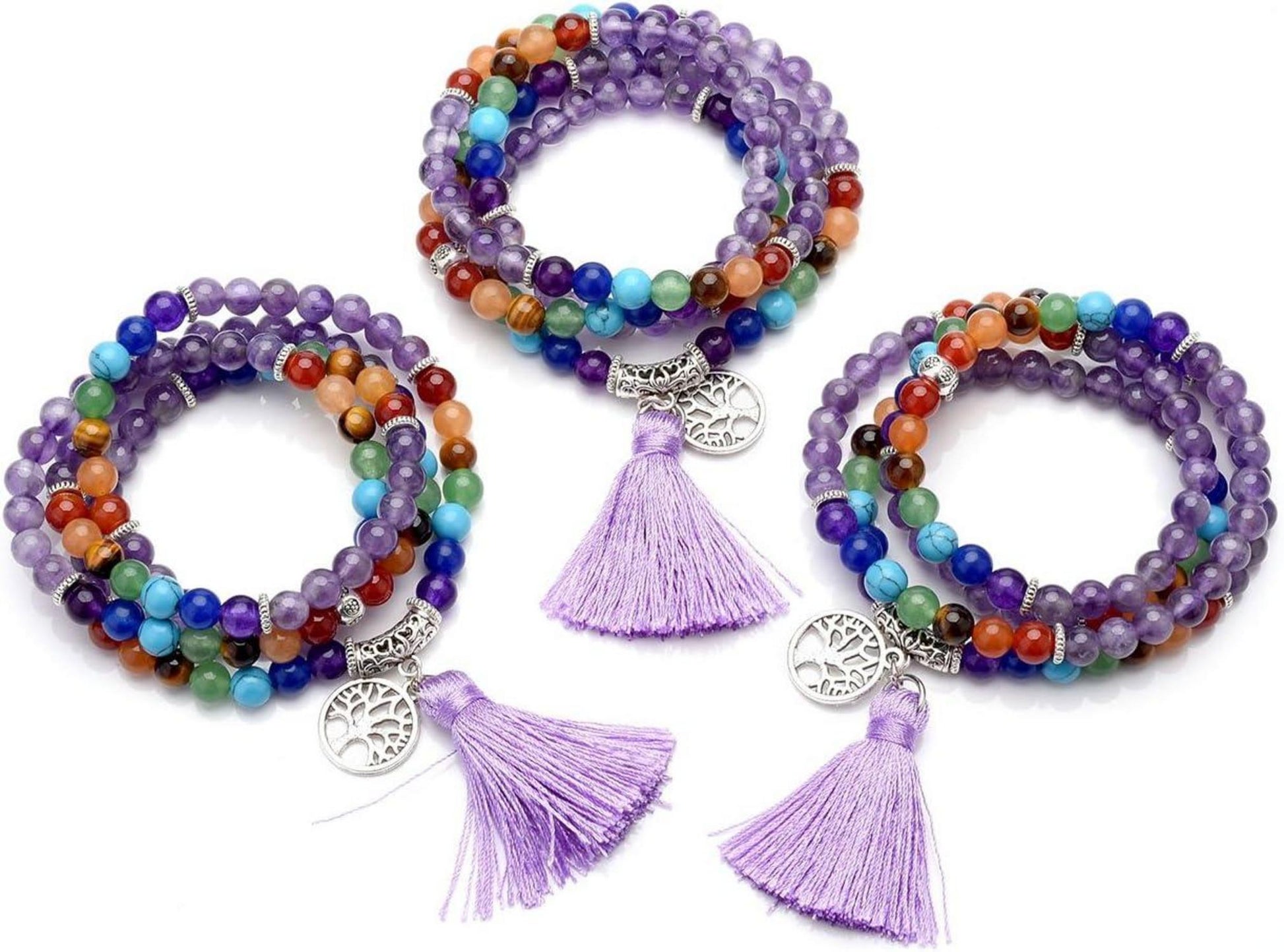 7 Chakra Mala Kette mit Edelsteinen und Amethyst Anhänger
