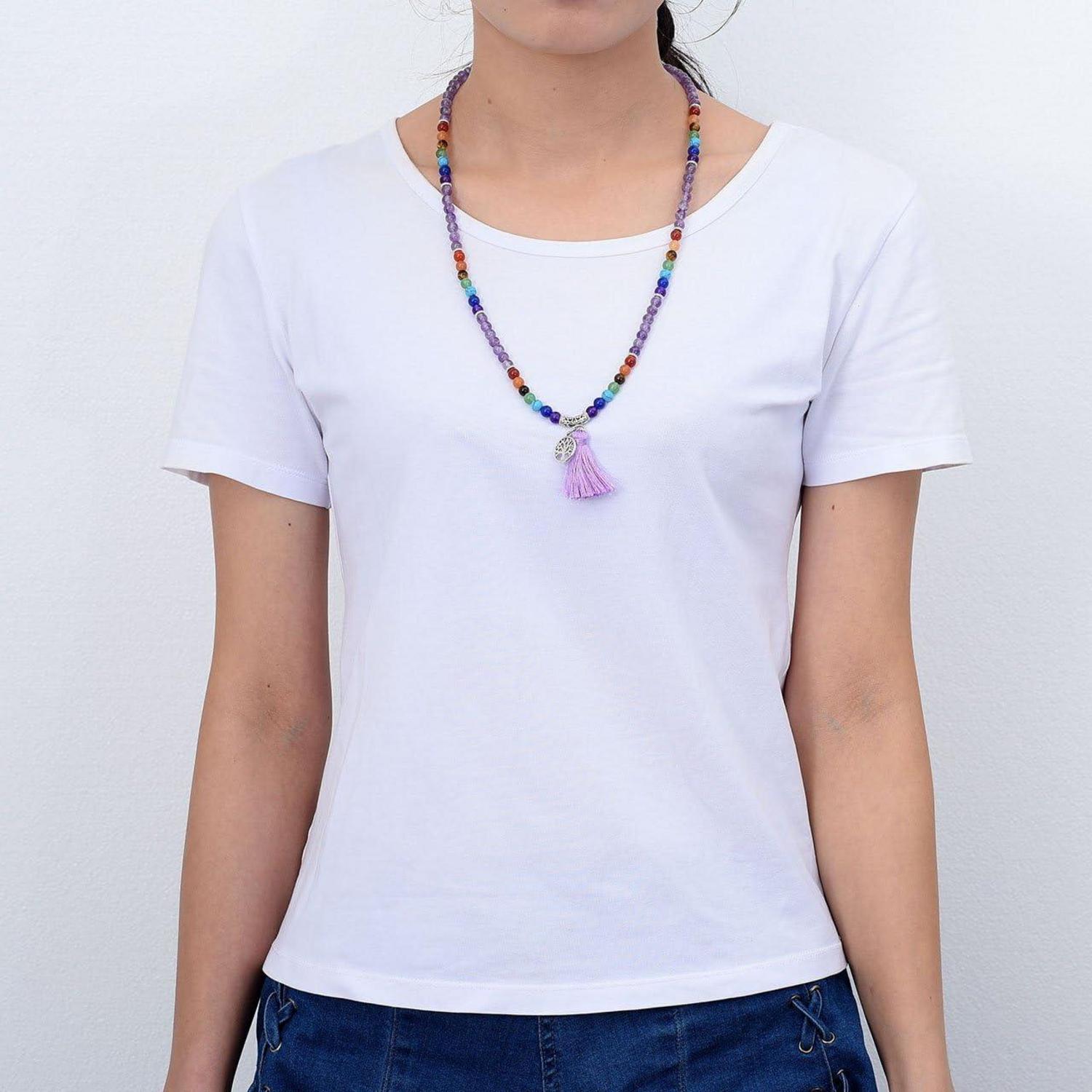 7 Chakra Mala Kette mit Edelsteinen und Amethyst Anhänger