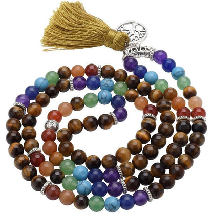 Mala Kette 7 Chakra Edelstein mit Lebensbaum Anhänger Tigerauge