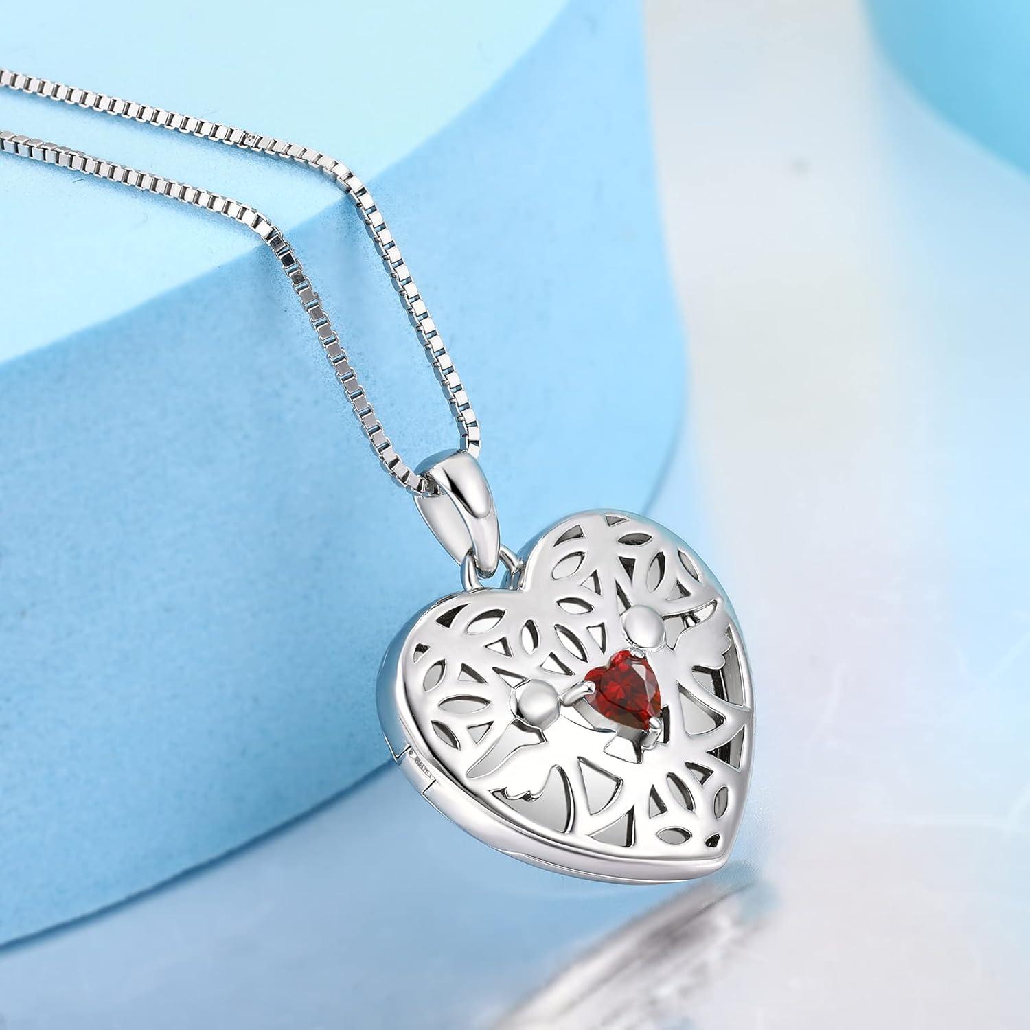 Herz Schutzengel Foto Medaillon Kette Sterling Silber Granat