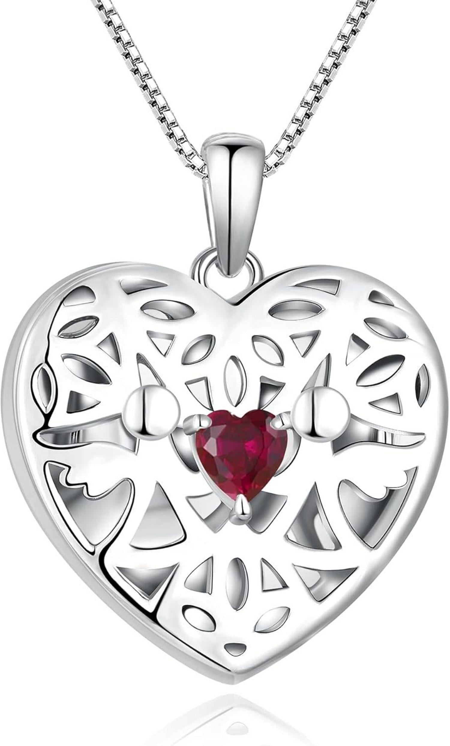 Herz Foto Medaillon Schutzengel Kette Rubin Zirkonia Silber