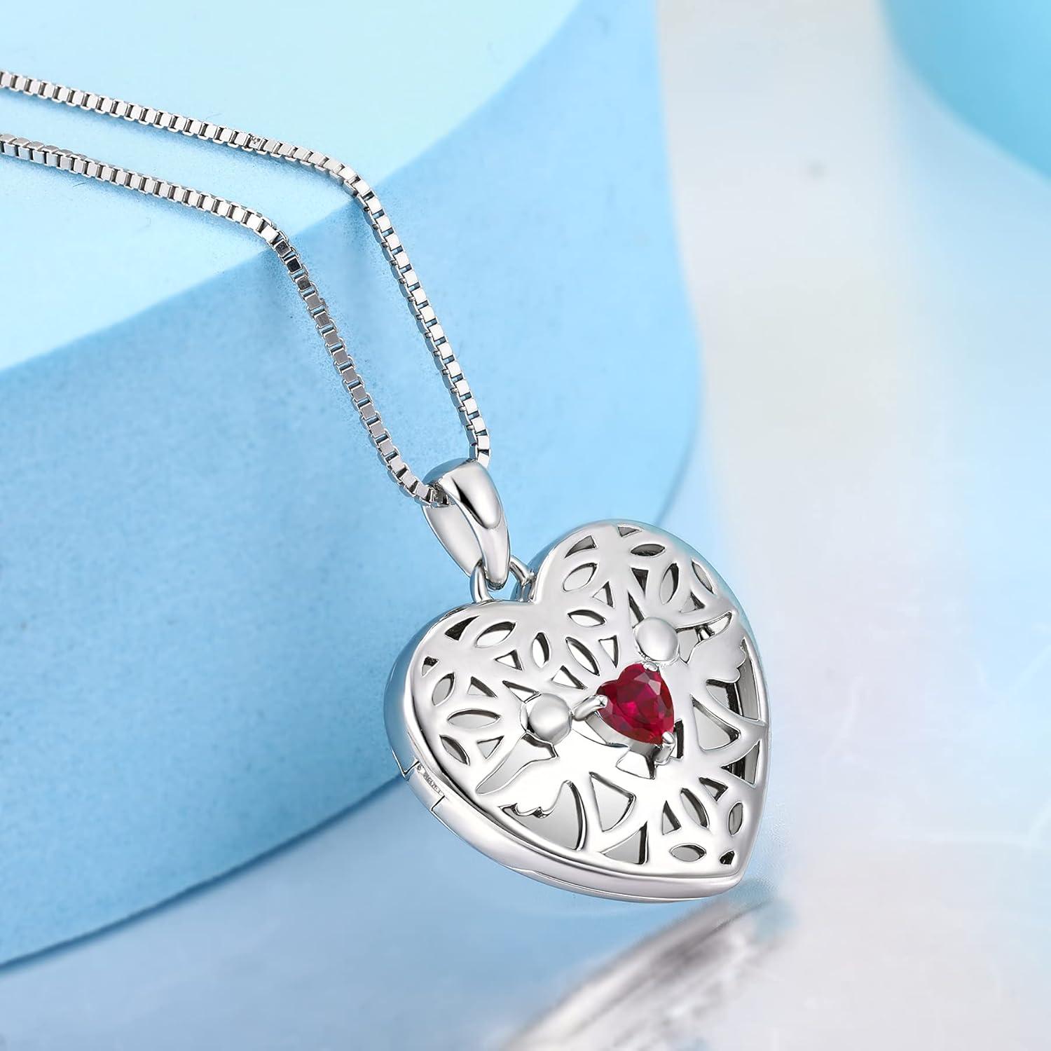 Herz Foto Medaillon Schutzengel Kette Rubin Zirkonia Silber