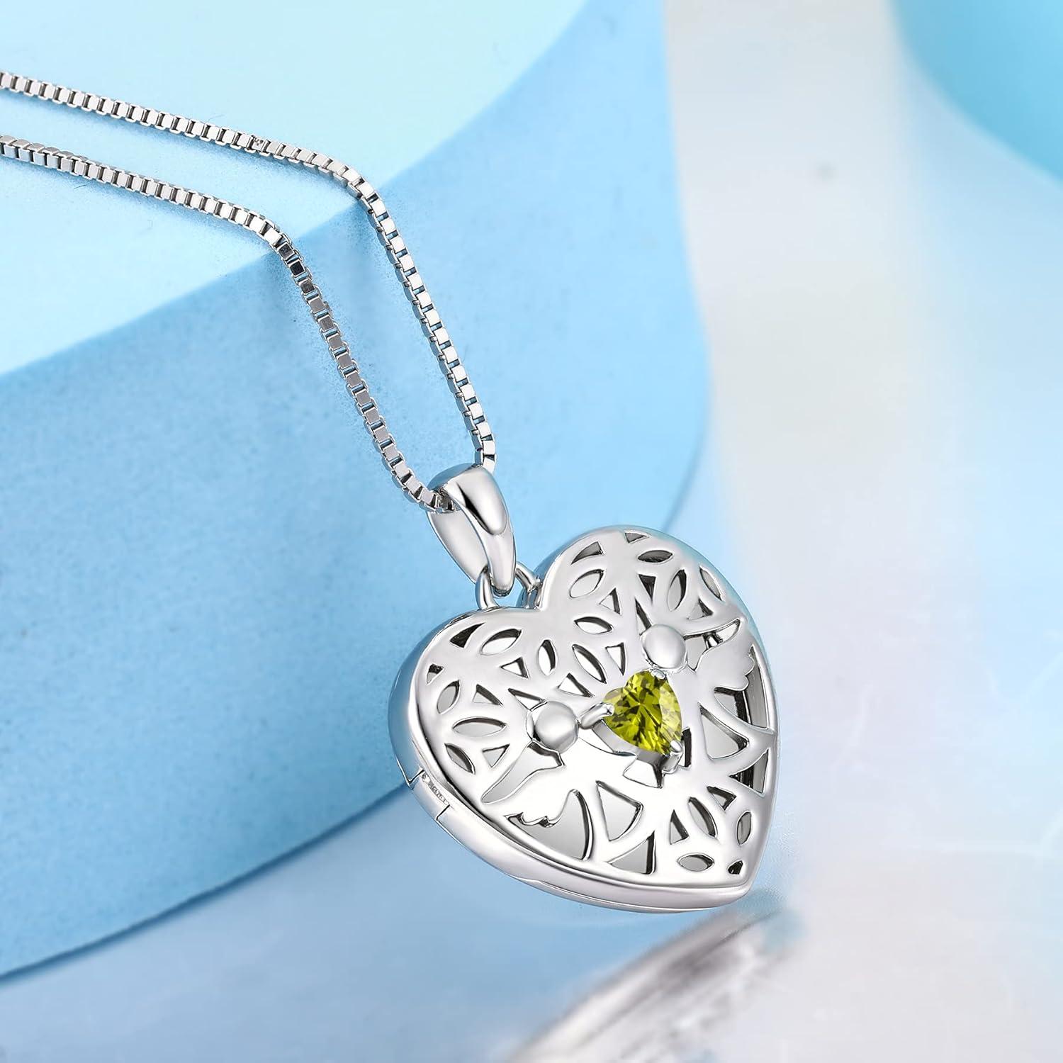 Herz Schutzengel Foto Medaillon Kette 925 Silber Zirkonia Birthstone