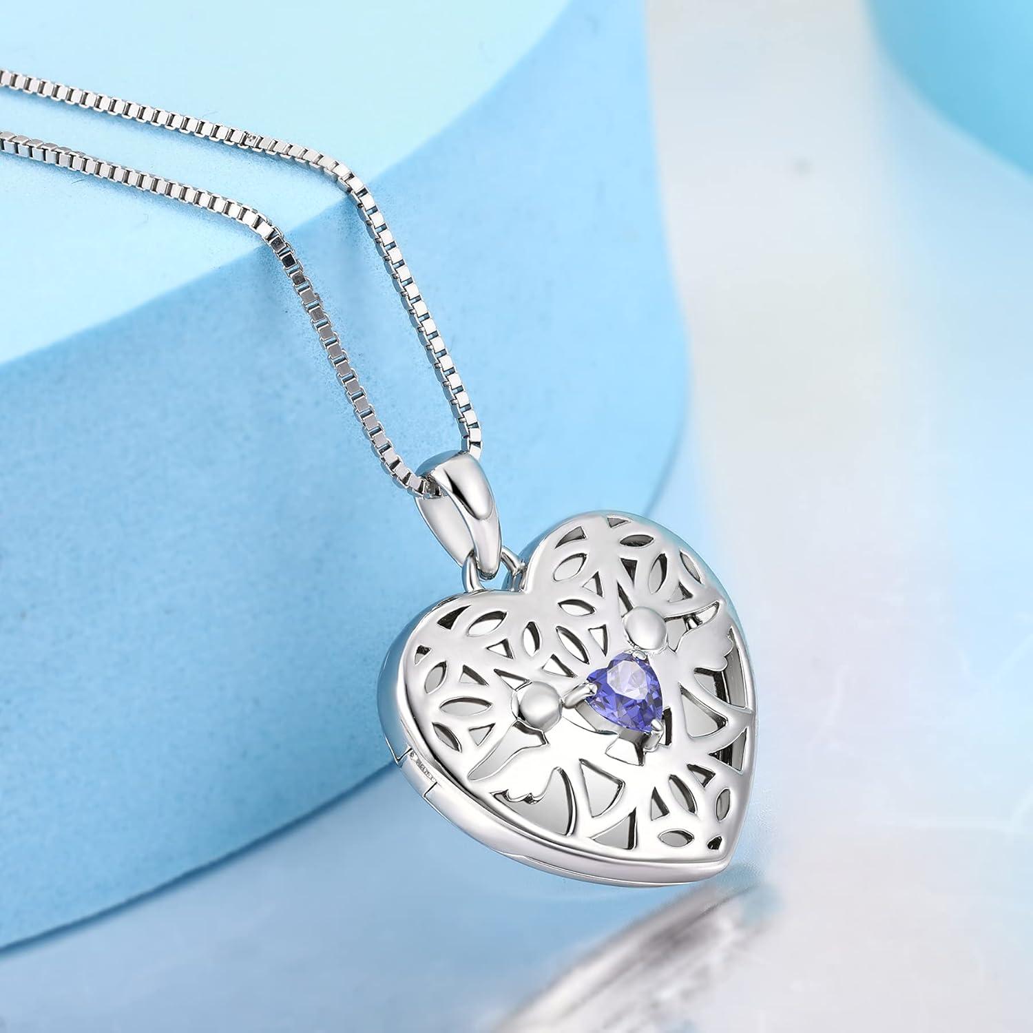 Herz Foto Medaillon Kette Schutzengel 925 Silber Zirkonia - Tansanit