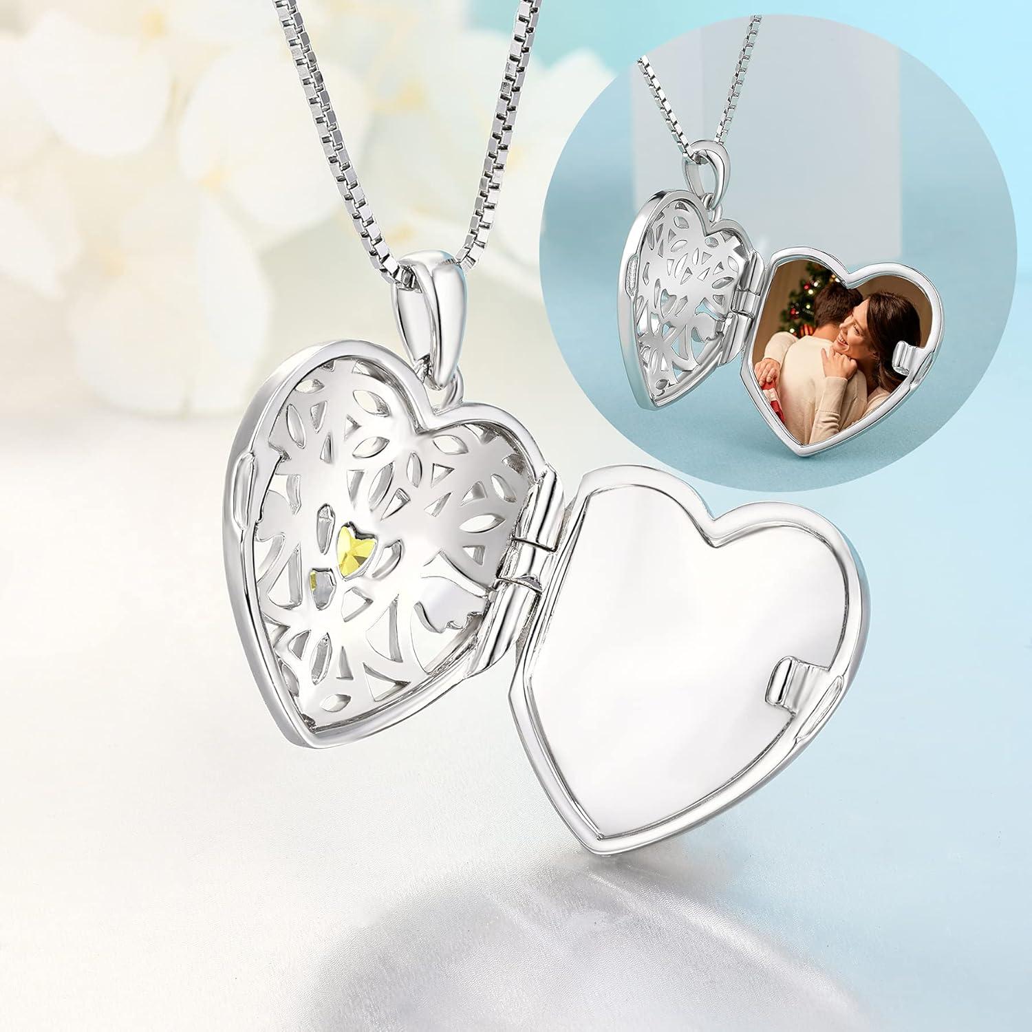 Herz Foto Medaillon Anhänger Halskette mit Schutzengel - 925 Sterling Silber - Zirkonia - Geschenke Frauen Mädchen
