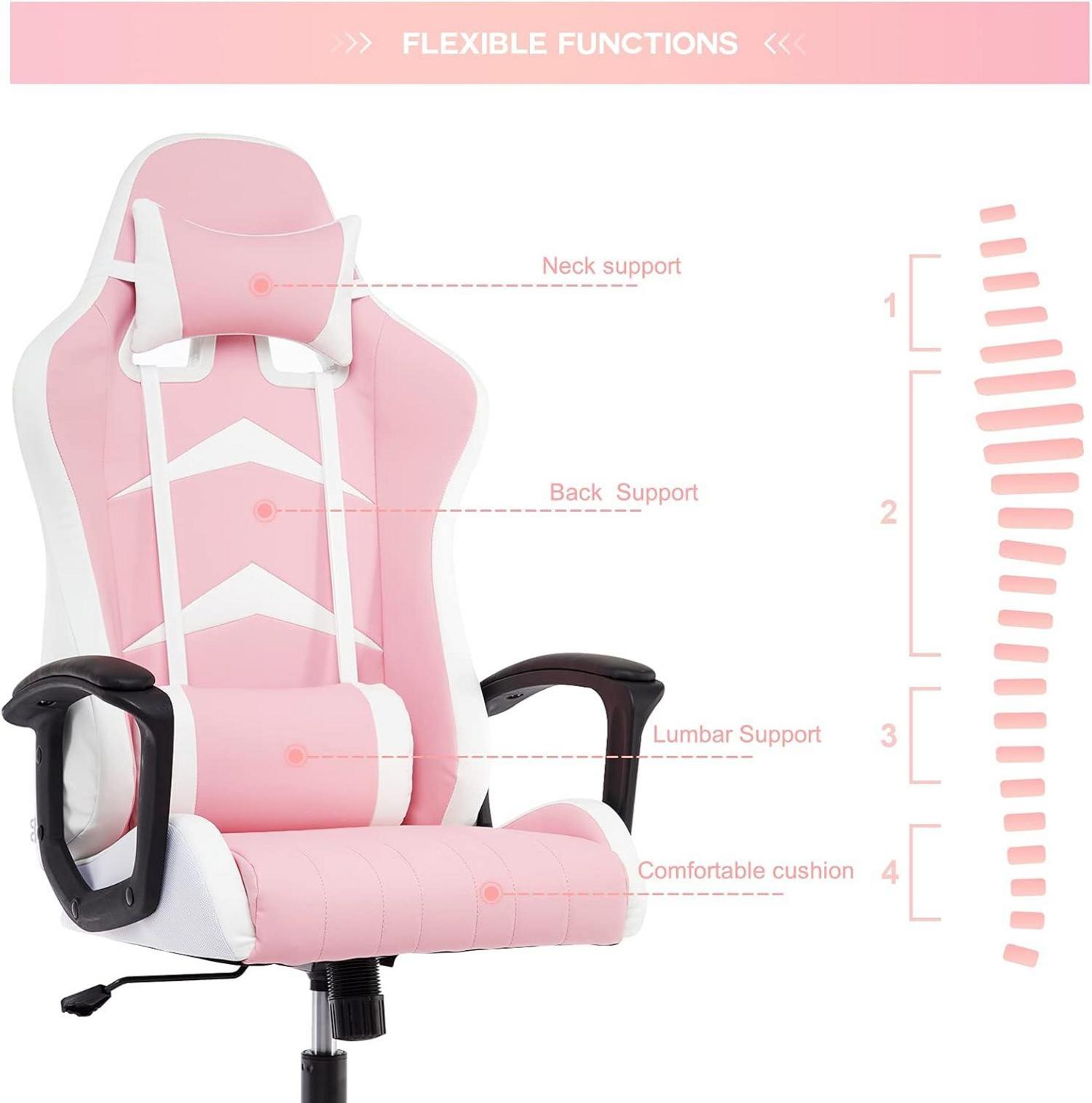 Ergonomischer Gaming Stuhl mit Verstellbarem Kopf- und Lendenkissen - Rosa 52 x 49 x 130cm