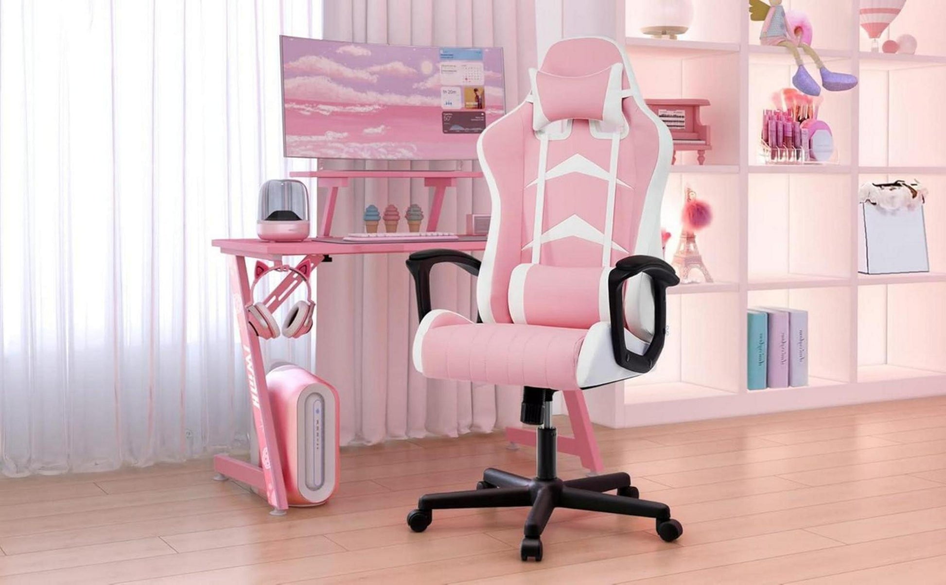 Ergonomischer Gaming Stuhl mit Verstellbarem Kopf- und Lendenkissen - Rosa 52 x 49 x 130cm