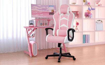 Ergonomischer Gaming Stuhl mit Verstellbarem Kopf- und Lendenkissen - Rosa 52 x 49 x 130cm