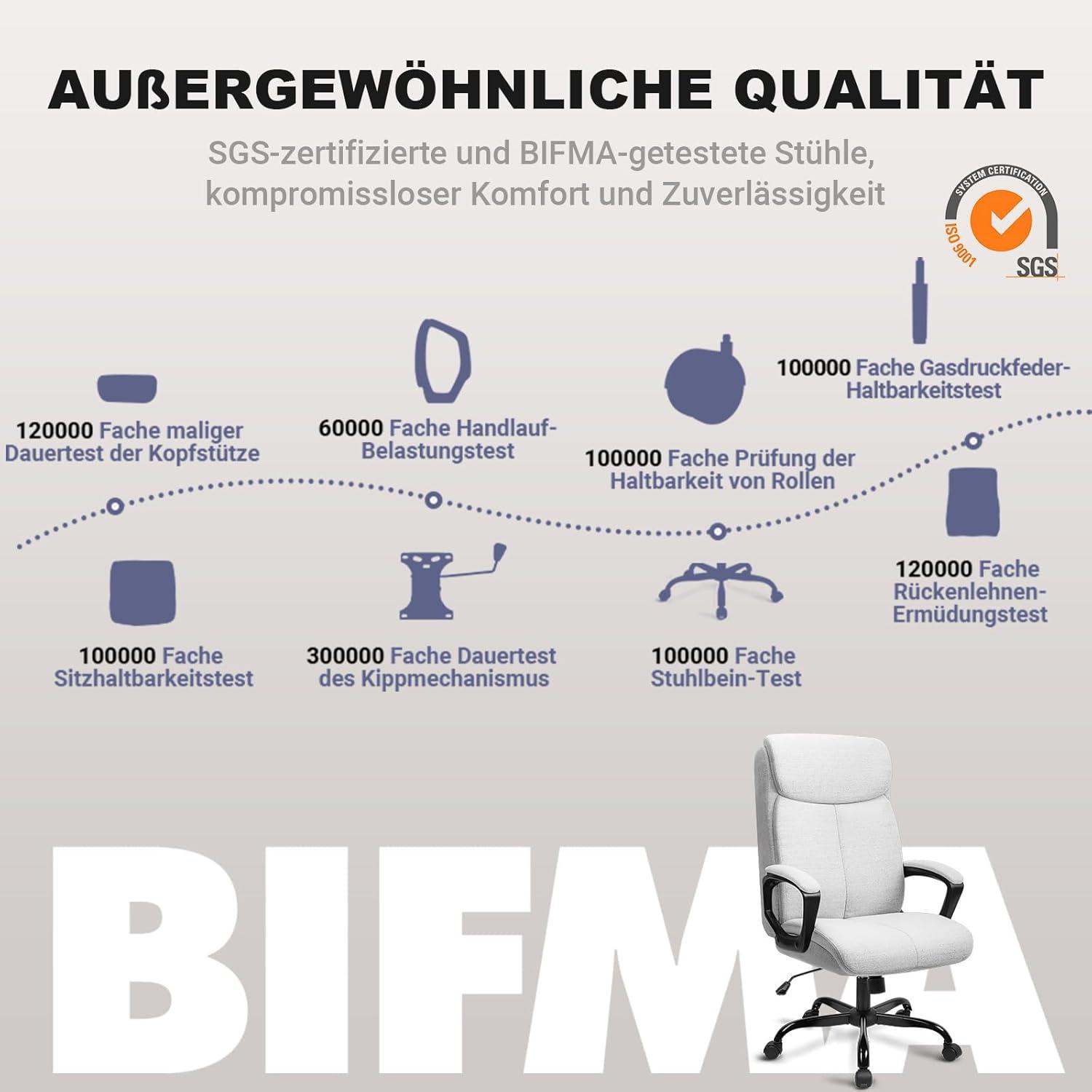 Bürostuhl Ergonomisch Stoff Chefsessel EN 1335 Grau
