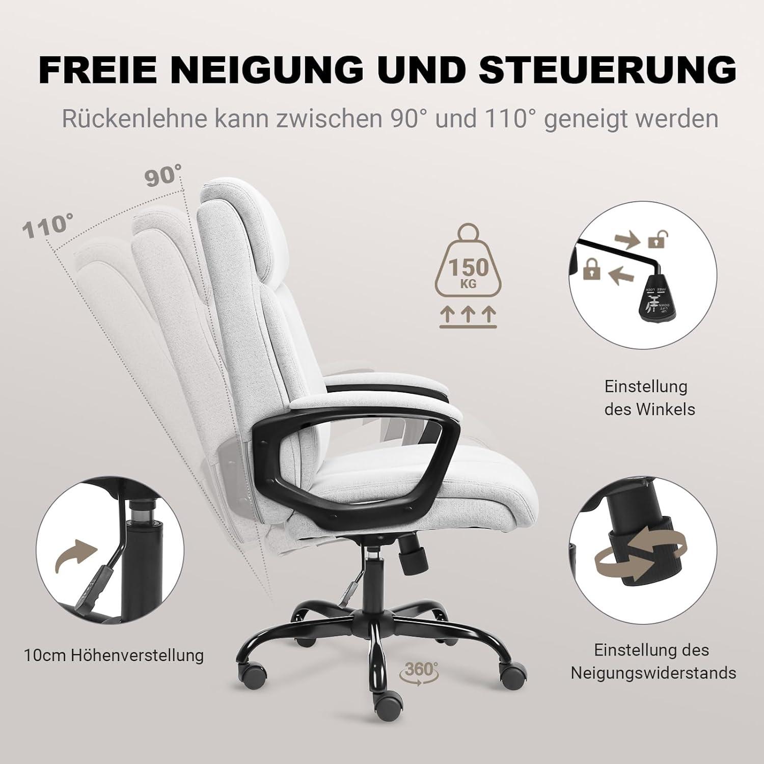 Ergonomischer Bürostuhl Schreibtischstuhl Stoff Chefsessel Grau