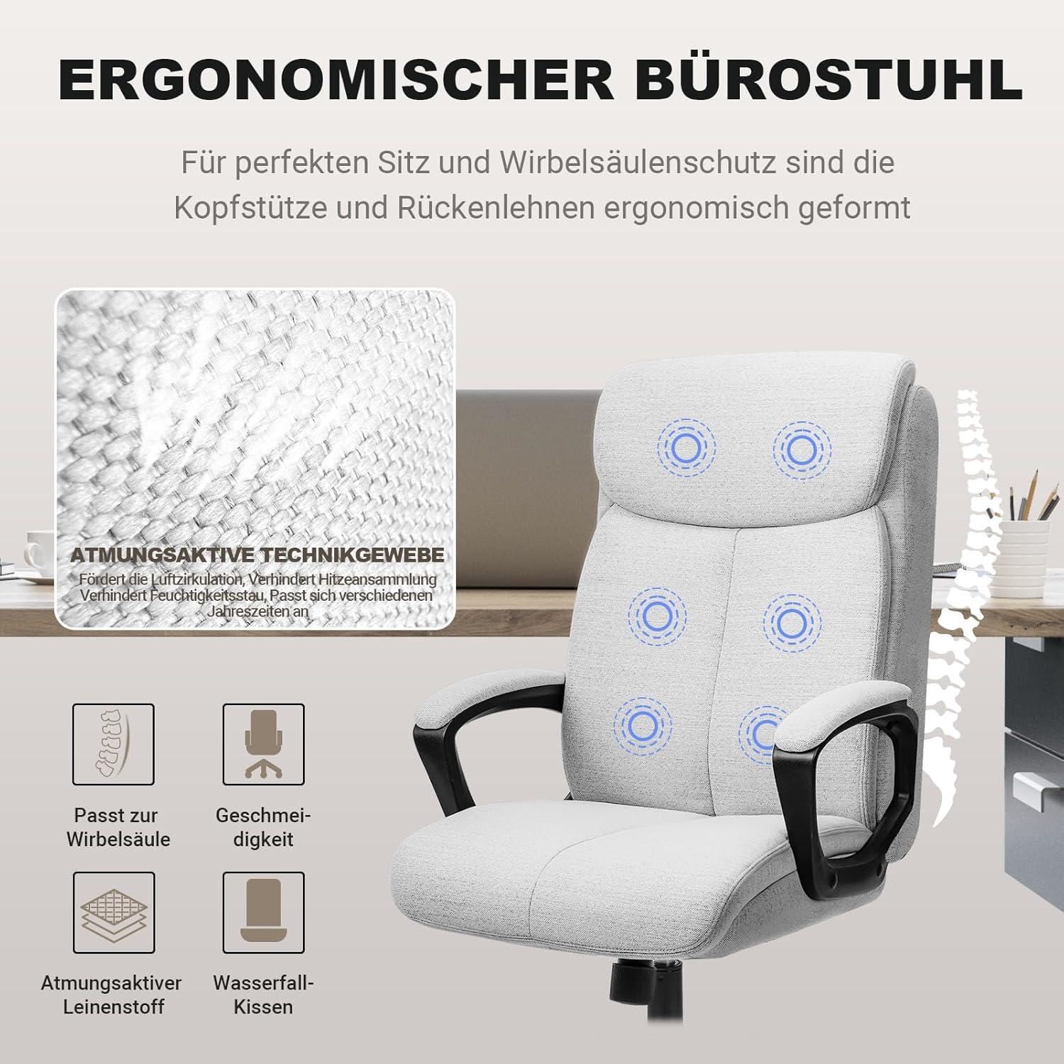 Ergonomischer Bürostuhl Schreibtischstuhl Stoff Chefsessel Grau