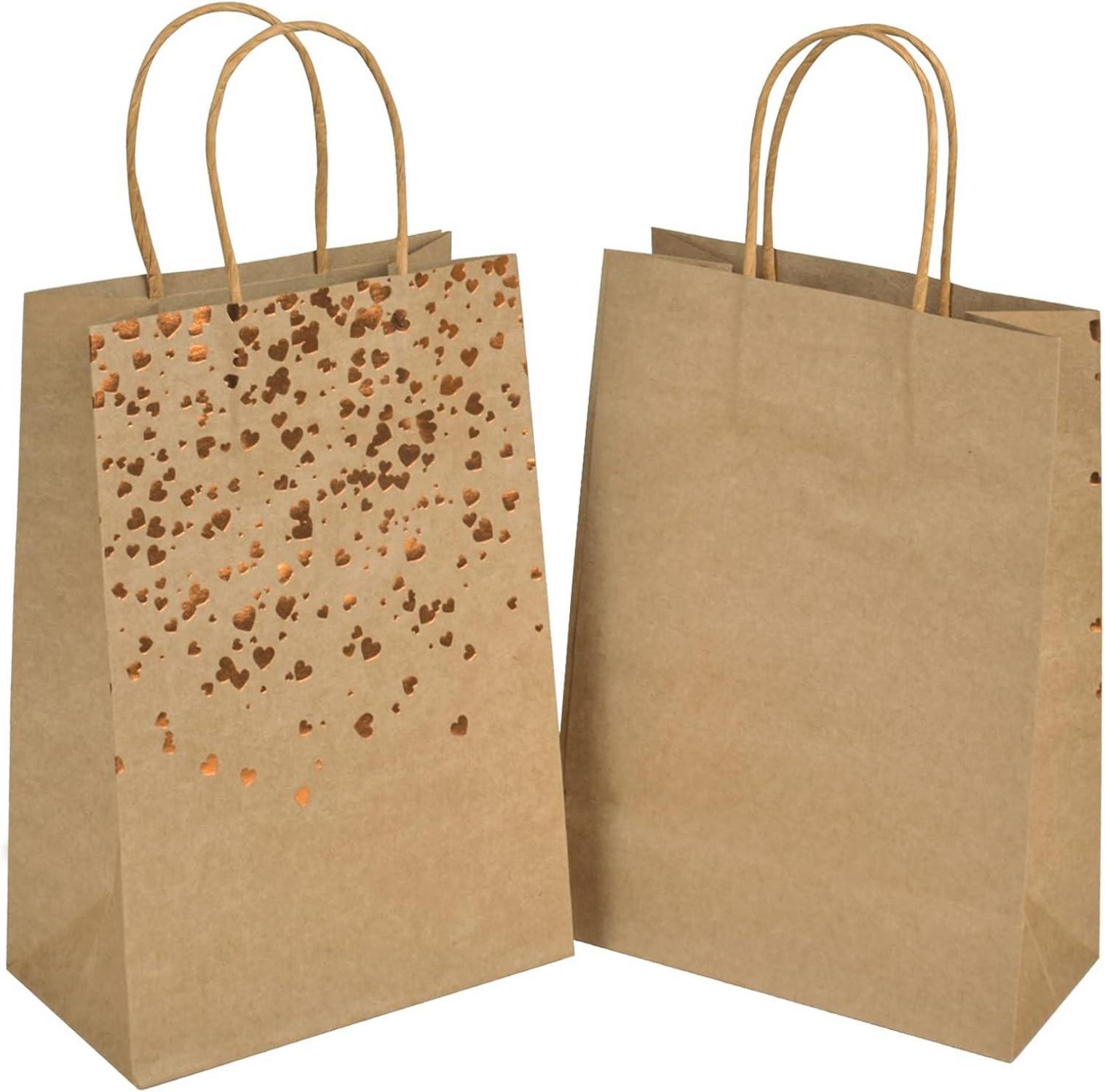 10x Mikihat Papiertüten Kraft mit Henkel, Gold Herz Verzierung