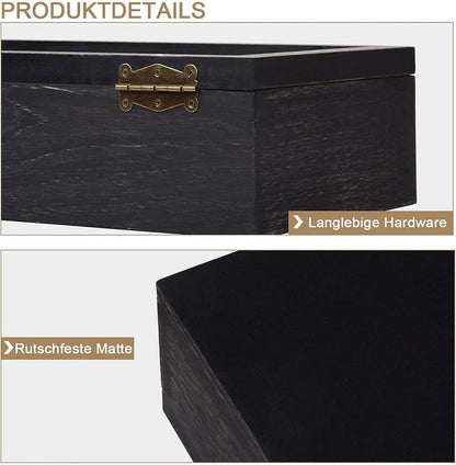 Teebox aus Massivholz Schwarz 32.5x20x9.7cm Groß mit 8 Fächern und Sichtfenster