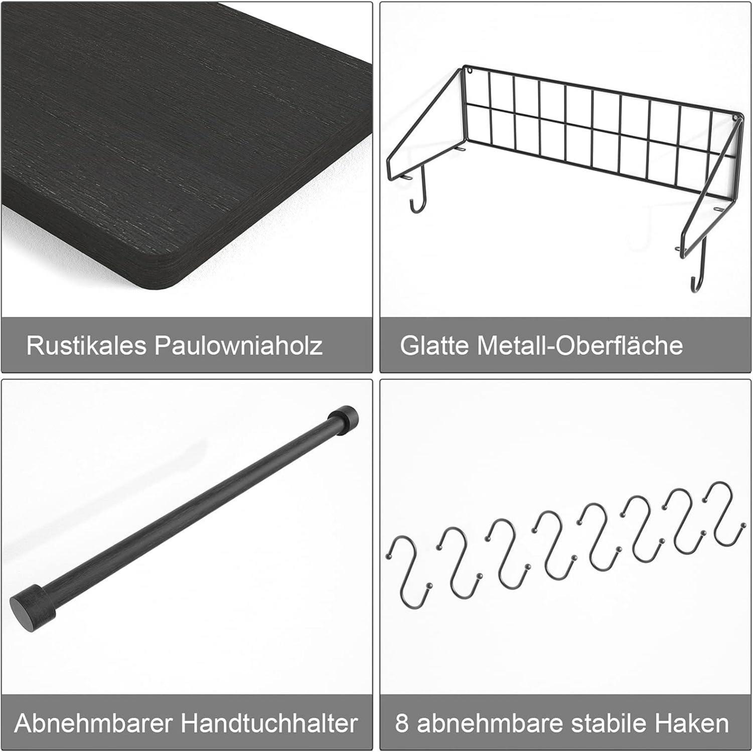 Schwarzes Wandregal mit Handtuchhalter und 8 Haken, Küchenregal