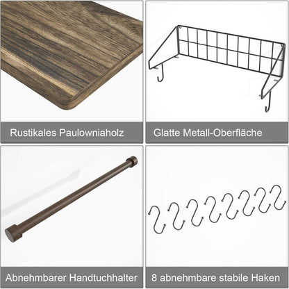 Schweberegal Wandregal mit 8 Haken und Handtuchhalter Holz