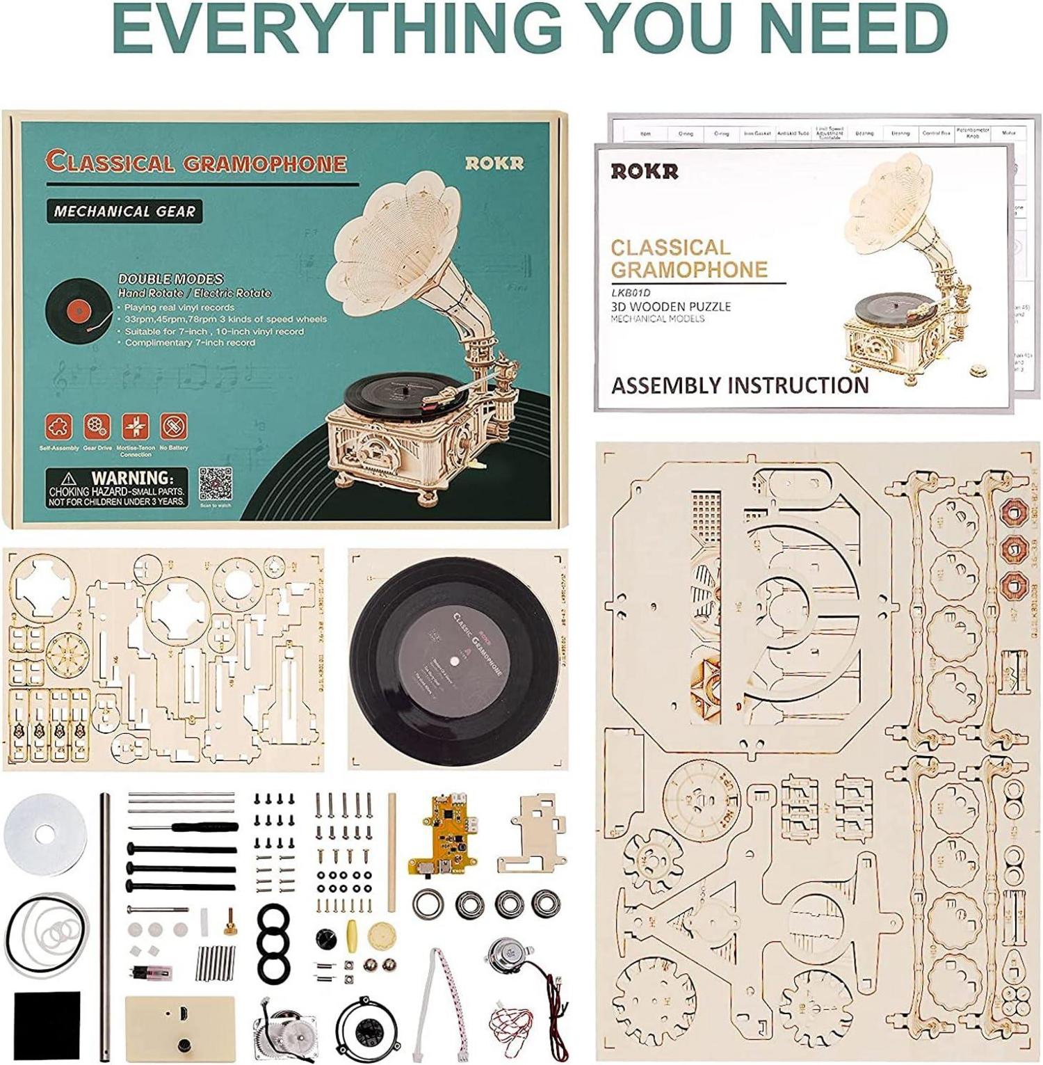 ROKR 3D Holzpuzzle Grammophon mit Automatik- und Manuell-Modus