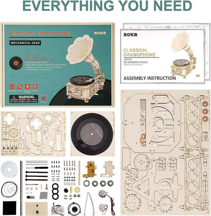 ROKR 3D Holzpuzzle Grammophon mit Automatik- und Manuell-Modus