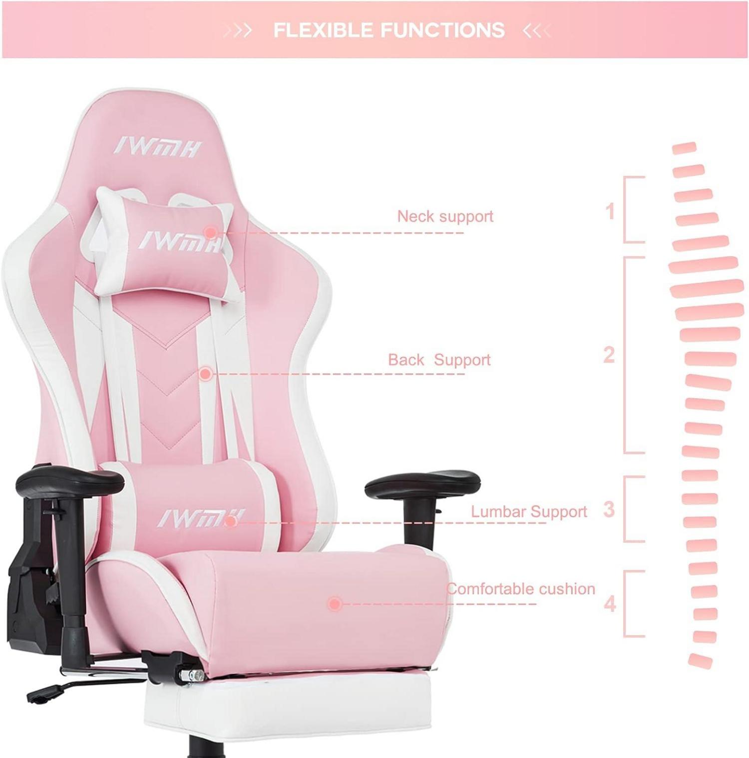 Ergonomischer Gaming Stuhl mit Fußstütze für Gamer, PC Racing Bürostuhl in Rosa