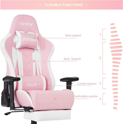 Ergonomischer Gaming Stuhl mit Fußstütze für Gamer, PC Racing Bürostuhl in Rosa