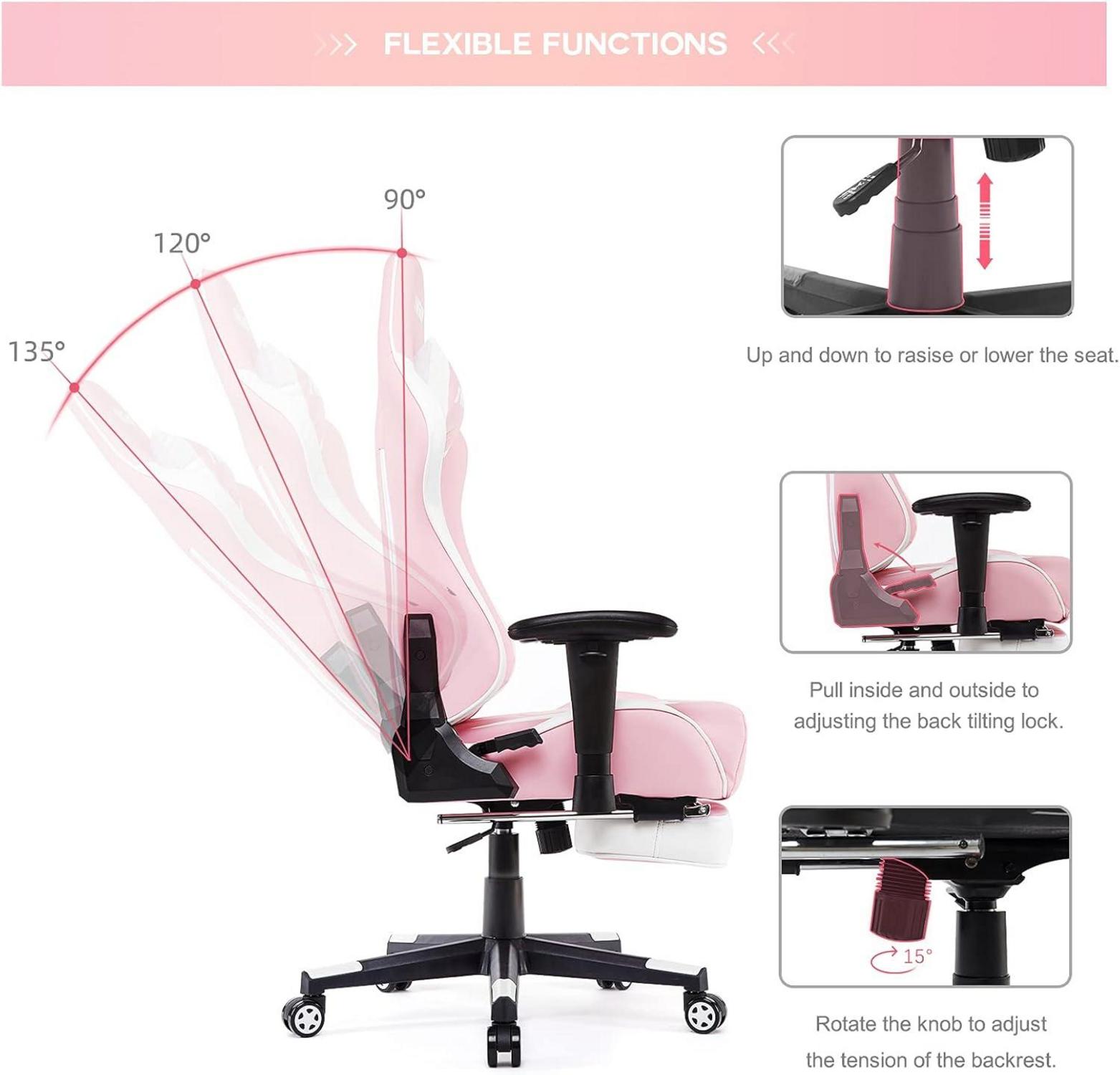 Ergonomischer Gaming Stuhl mit Fußstütze und Massage pink