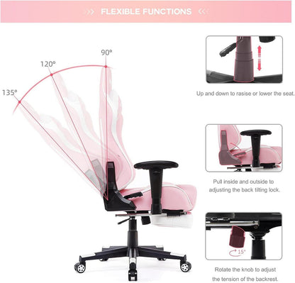 Ergonomischer Gaming Stuhl mit Fußstütze und Massage pink