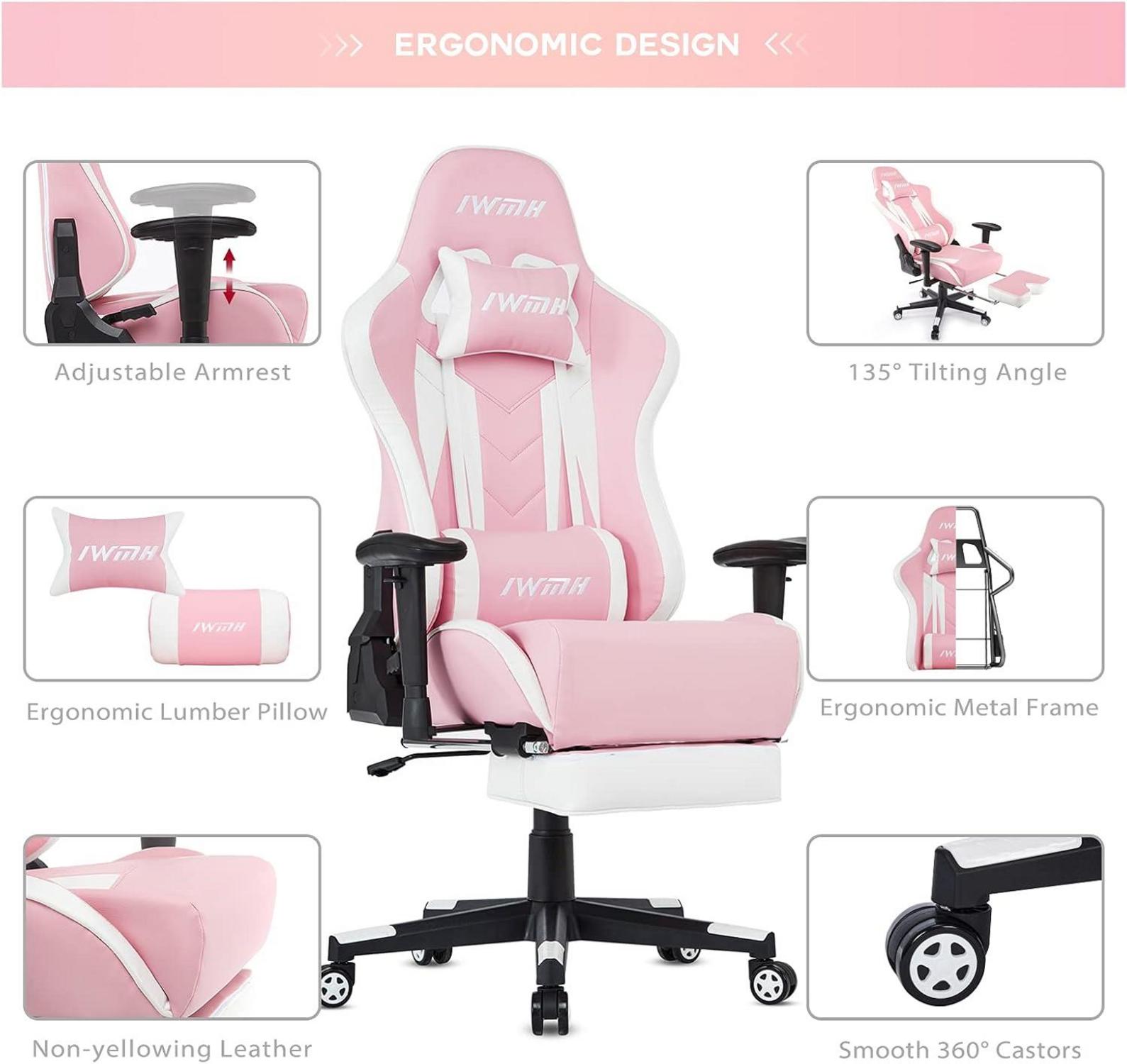 Gaming Stuhl mit Fußstütze, Ergonomisch, Hoher Rückenlehne, pink