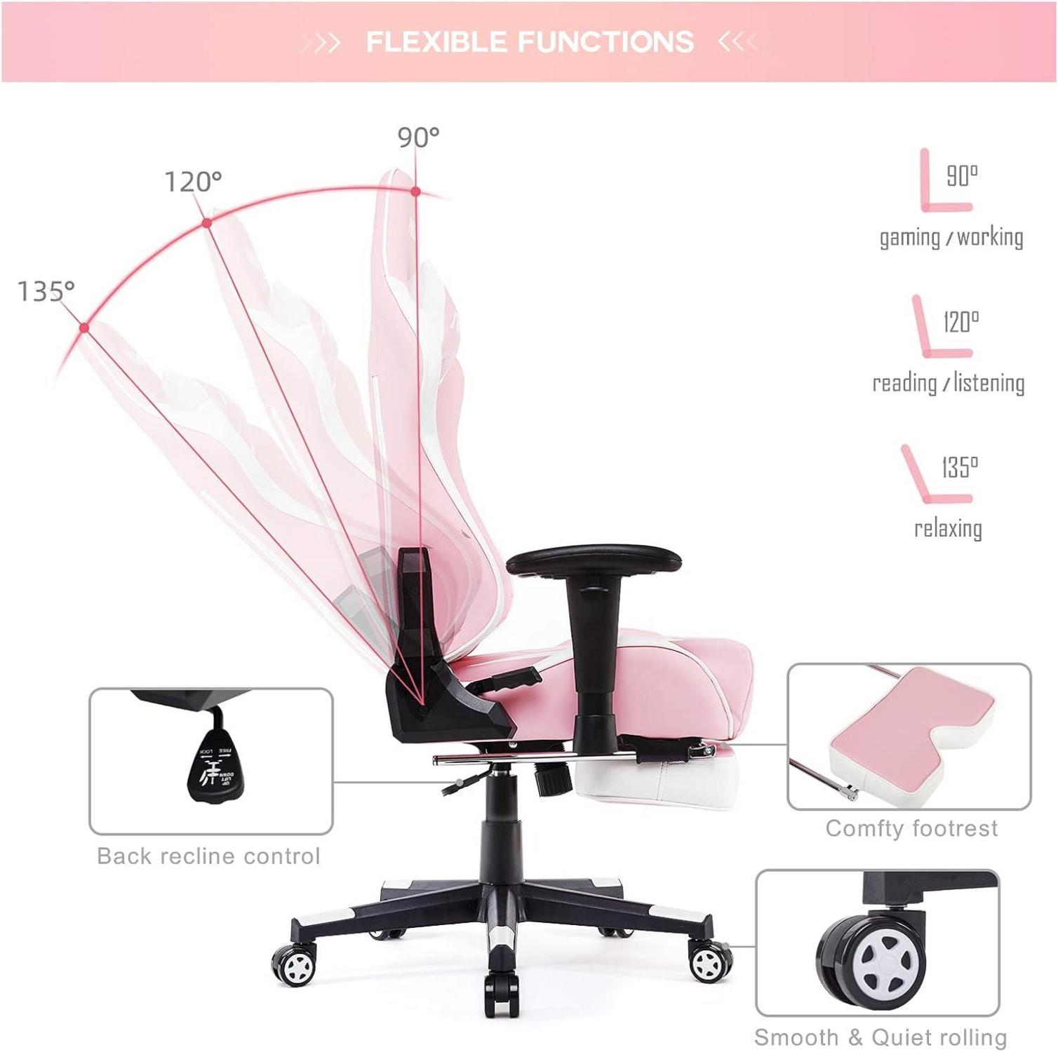 Ergonomischer Gaming Stuhl mit Fußstütze und Massage pink