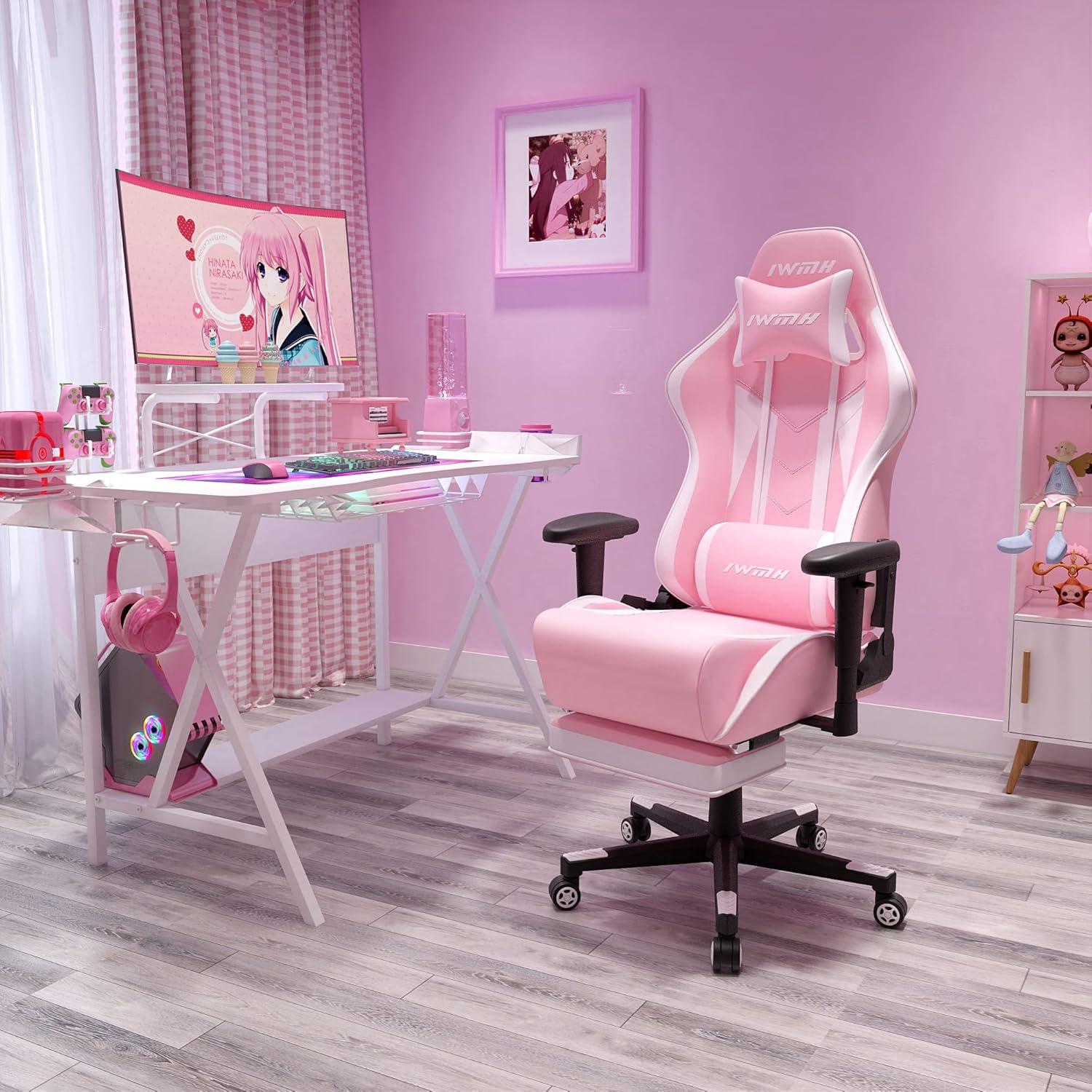 Ergonomischer Gaming Stuhl mit Fußstütze für Gamer, PC Racing Bürostuhl in Rosa