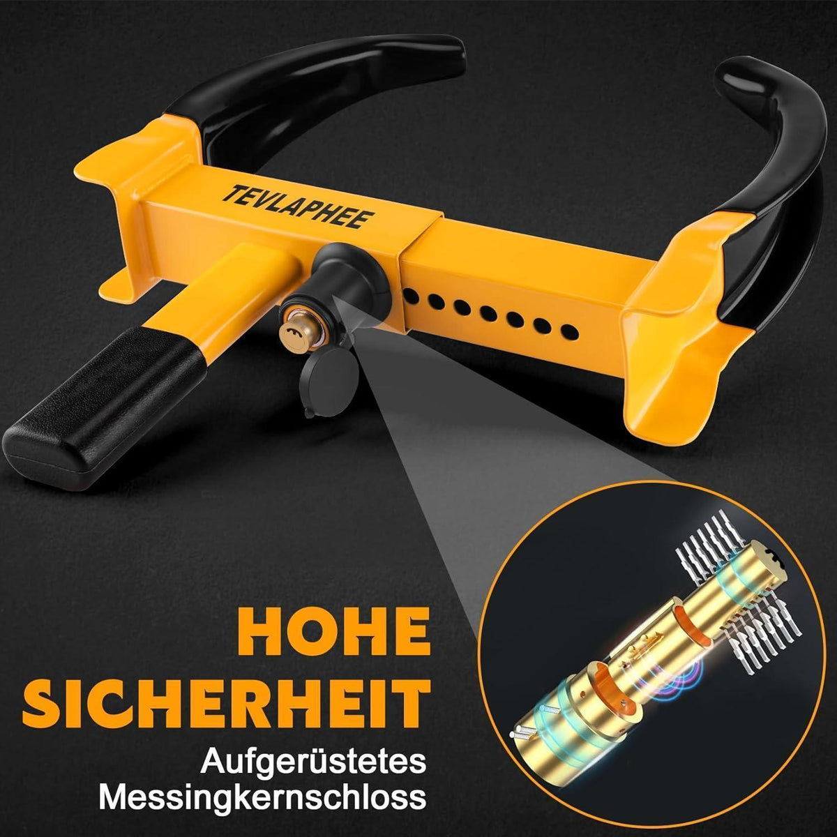 Radkralle mit Sicherheitsschloss für PKW, Wohnwagen, Anhänger (Schwarz/Gelb)